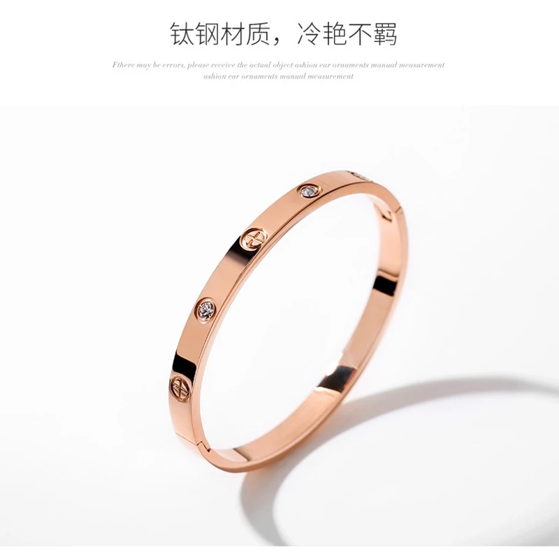 钛钢合成锆石手镯 潮款时尚钛钢玫瑰金色简约大气女手镯搭扣活口