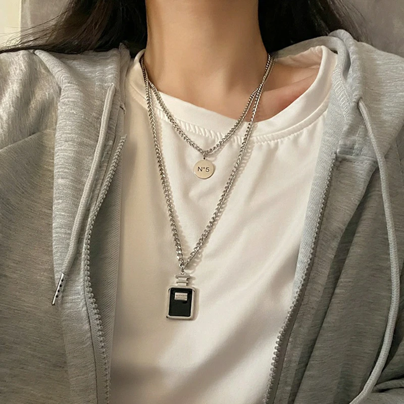 钛钢项链 新潮双层叠加滴油香水瓶钛钢项链服饰卫衣搭配毛衣链