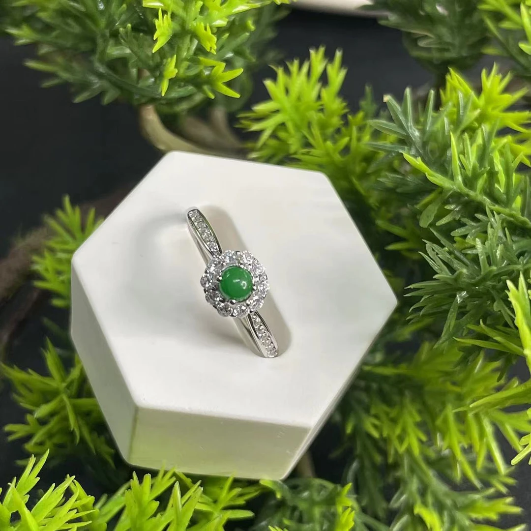 【陌玉精选】天然缅甸A货翡翠手捧花戒指925银/一件