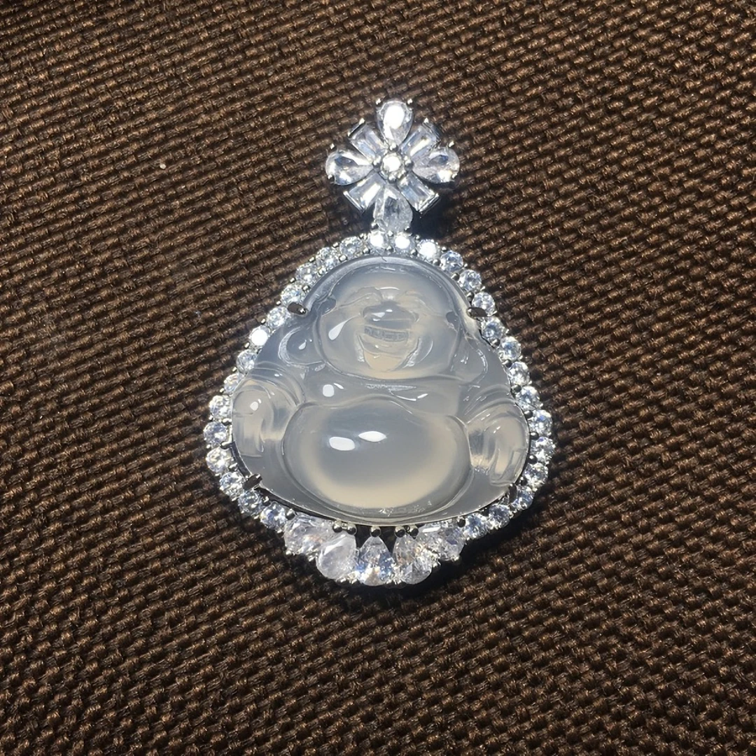 放漏天然冰透种玉髓佛公吊坠玉佛大肚佛弥勒佛镶嵌玉坠气质挂件