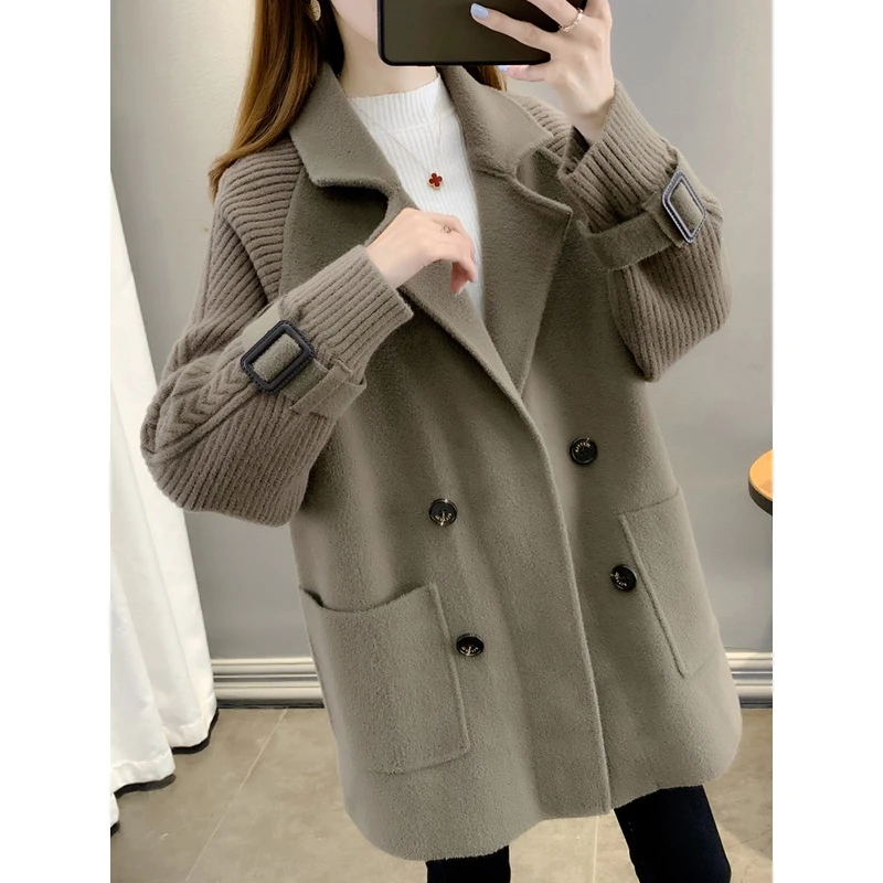 秋冬毛呢外套新款宽松百搭针织开衫韩版西装领中长款双面呢大衣女