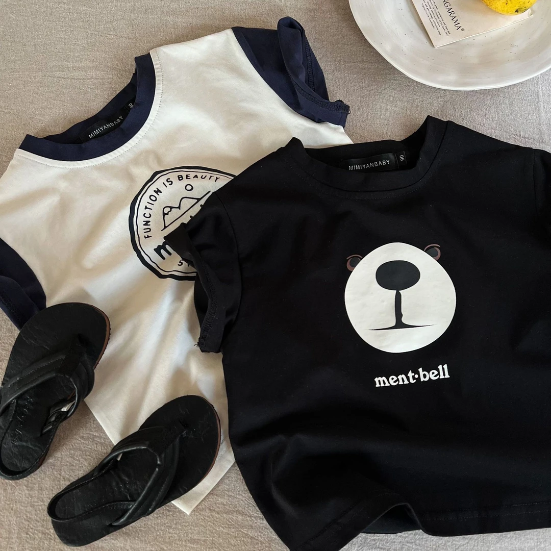 儿童短袖2025夏季新品男女童卡通小熊短袖T宝宝撞色T恤衫潮