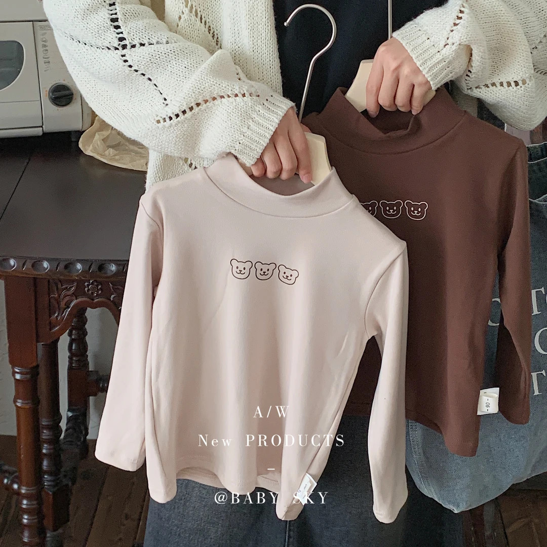 儿童打底衫2025T恤春款韩版男女童三只小熊半高领打底衣潮