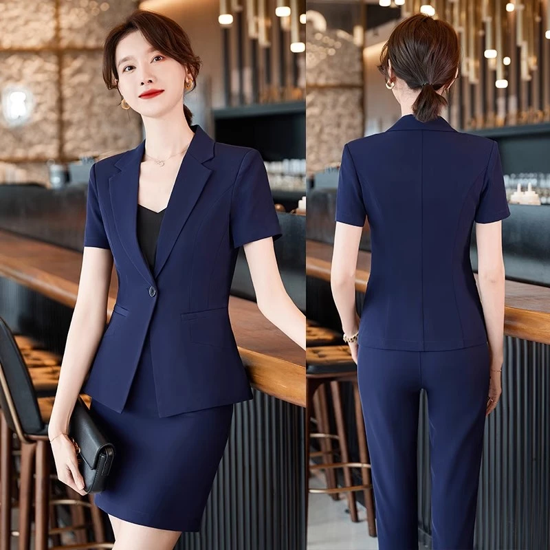 韩版小西装套装女夏职业酒店经理工装短袖大码胖mm西服前台工作服