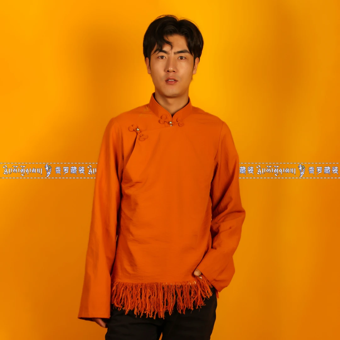 男藏装素色流苏边藏服上衣民族风纯色藏服内搭藏衣 流行色西藏装
