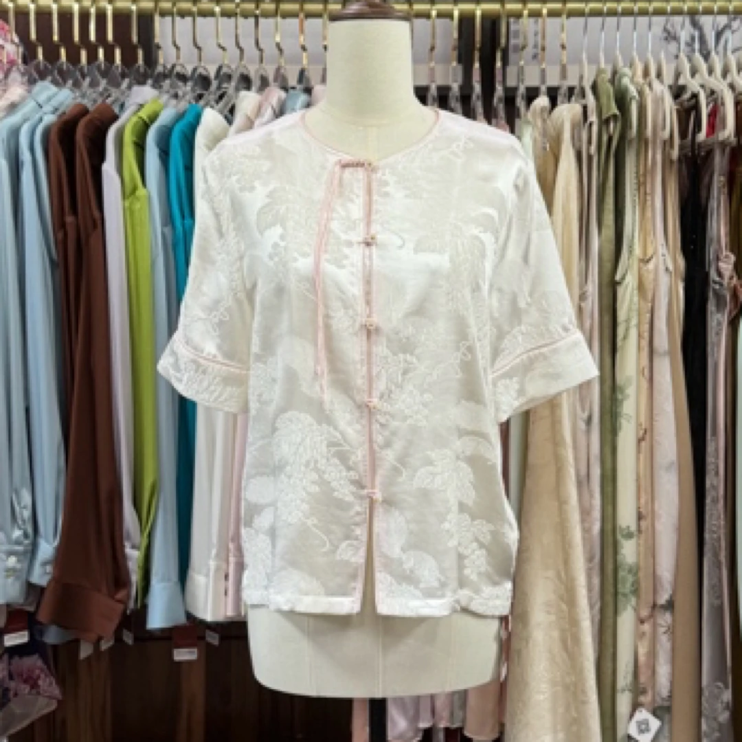 100%桑蚕丝短袖冠乐皱上衣