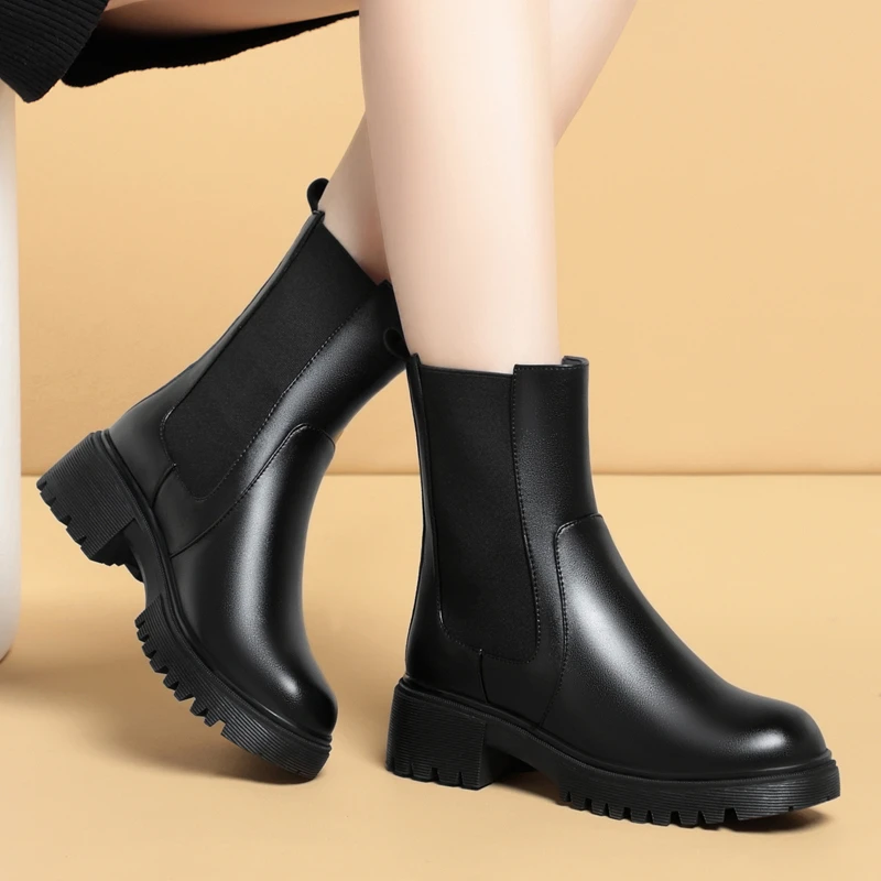 切尔西靴厚底女鞋秋冬季中筒靴女时尚加绒保暖妈妈棉鞋烟筒短靴子