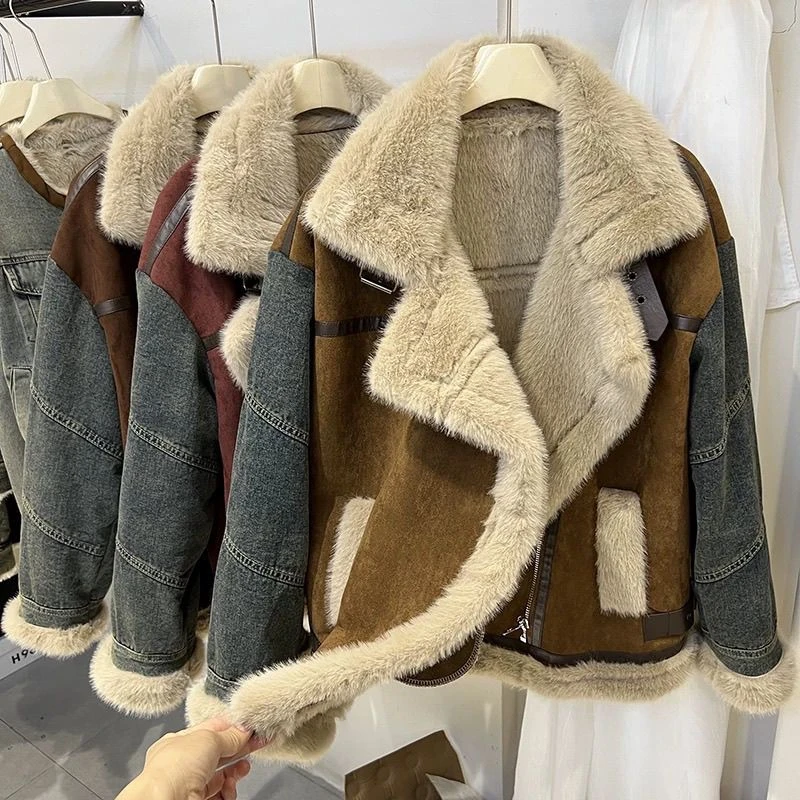 麂皮绒拼接牛仔派克服女冬季2024新款保暖皮毛一体机车服外套上衣