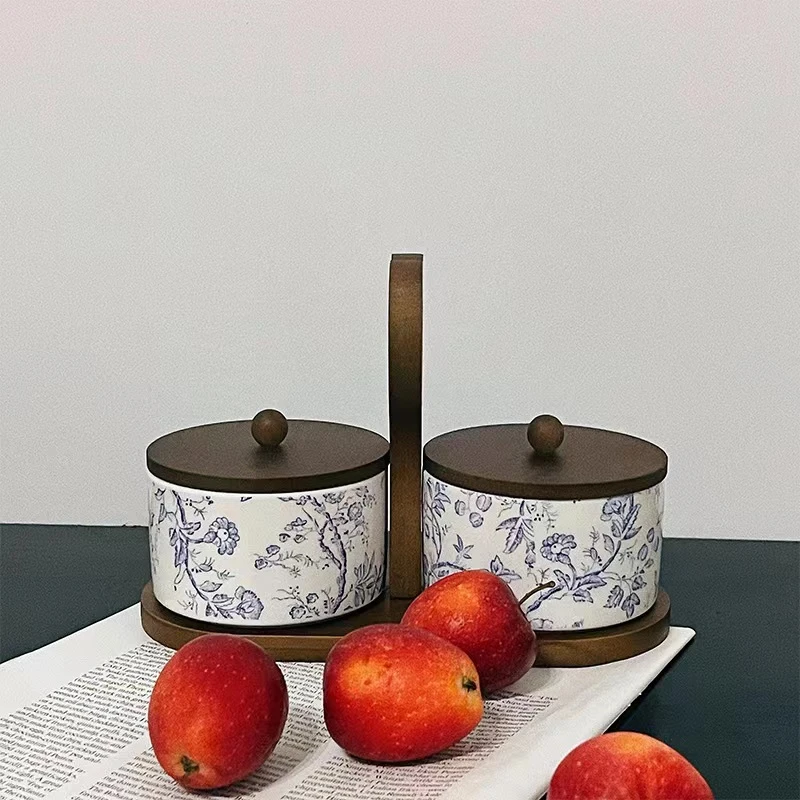 复古红棕花卉木质陶瓷托盘 分格点心茶点带盖零食客厅摆放盘