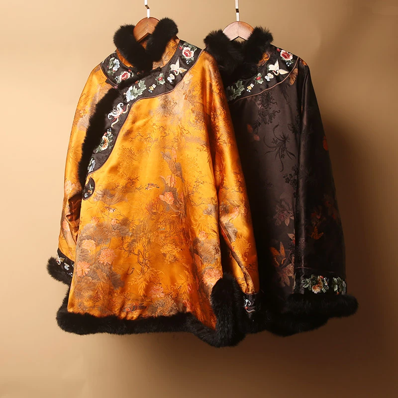 240043素女馆新款中国风复古新中式重工冬季斜襟刺绣碎花中式棉袄