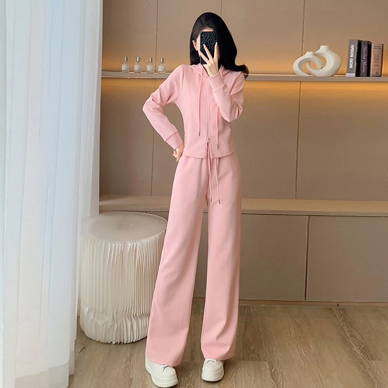 新款时尚运动风套装女秋季拉链开衫连帽卫衣高腰阔腿裤减龄两件套