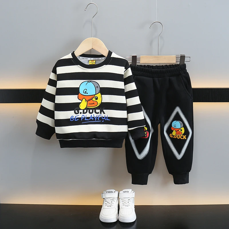 小黄鸭儿童卫衣套装春装2024新款男女同款韩版条纹长袖春秋季帅气