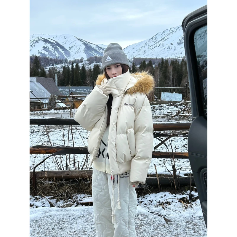 AMER 国潮美式复古简约字母小标皮质可拆卸毛领棉服
