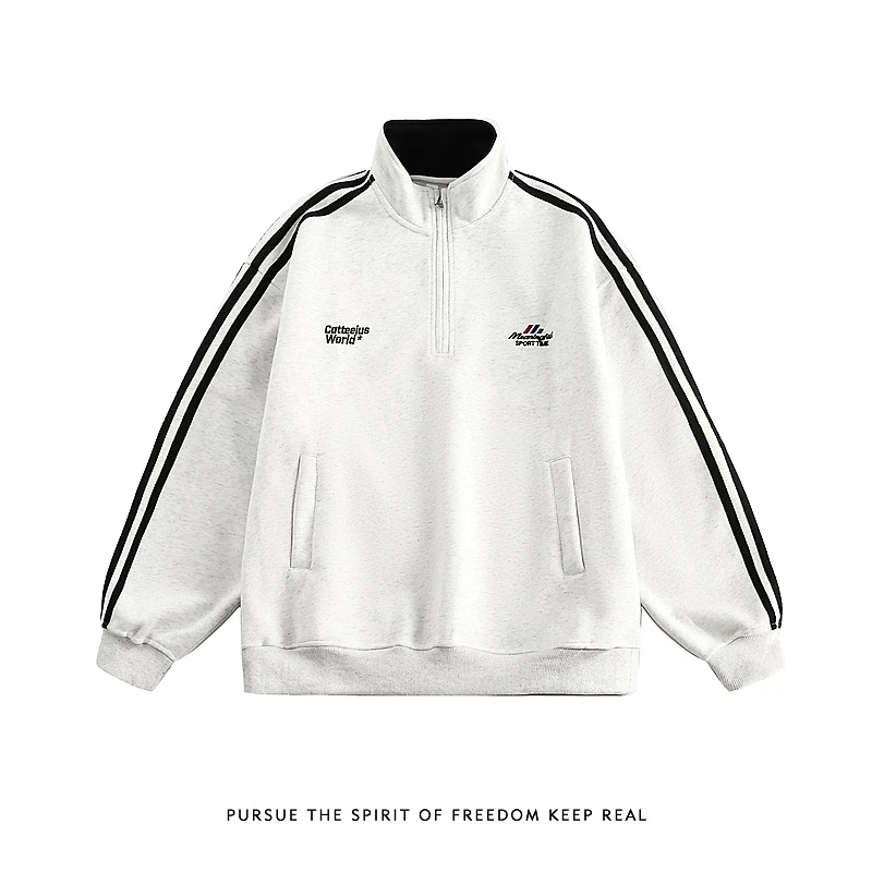 美式设计感复古织带刺绣拉链立领卫衣男女秋冬季宽松潮牌高街外套