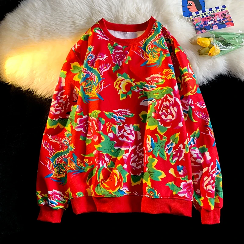 大红色卫衣2023新款秋冬东北大花国潮民族风加绒加厚情侣外套上衣