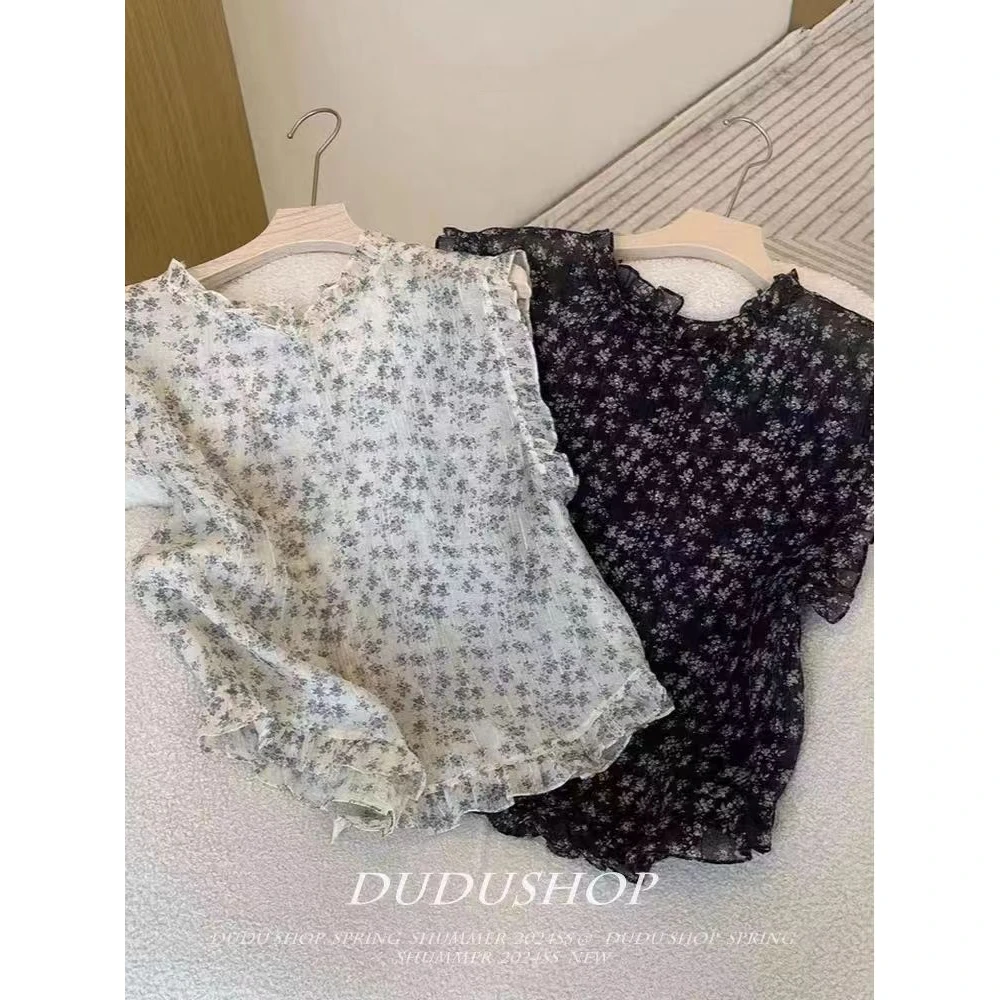 碎花飞飞袖短袖衬衫女夏季设计感修身辣妹气质小衫上衣7788