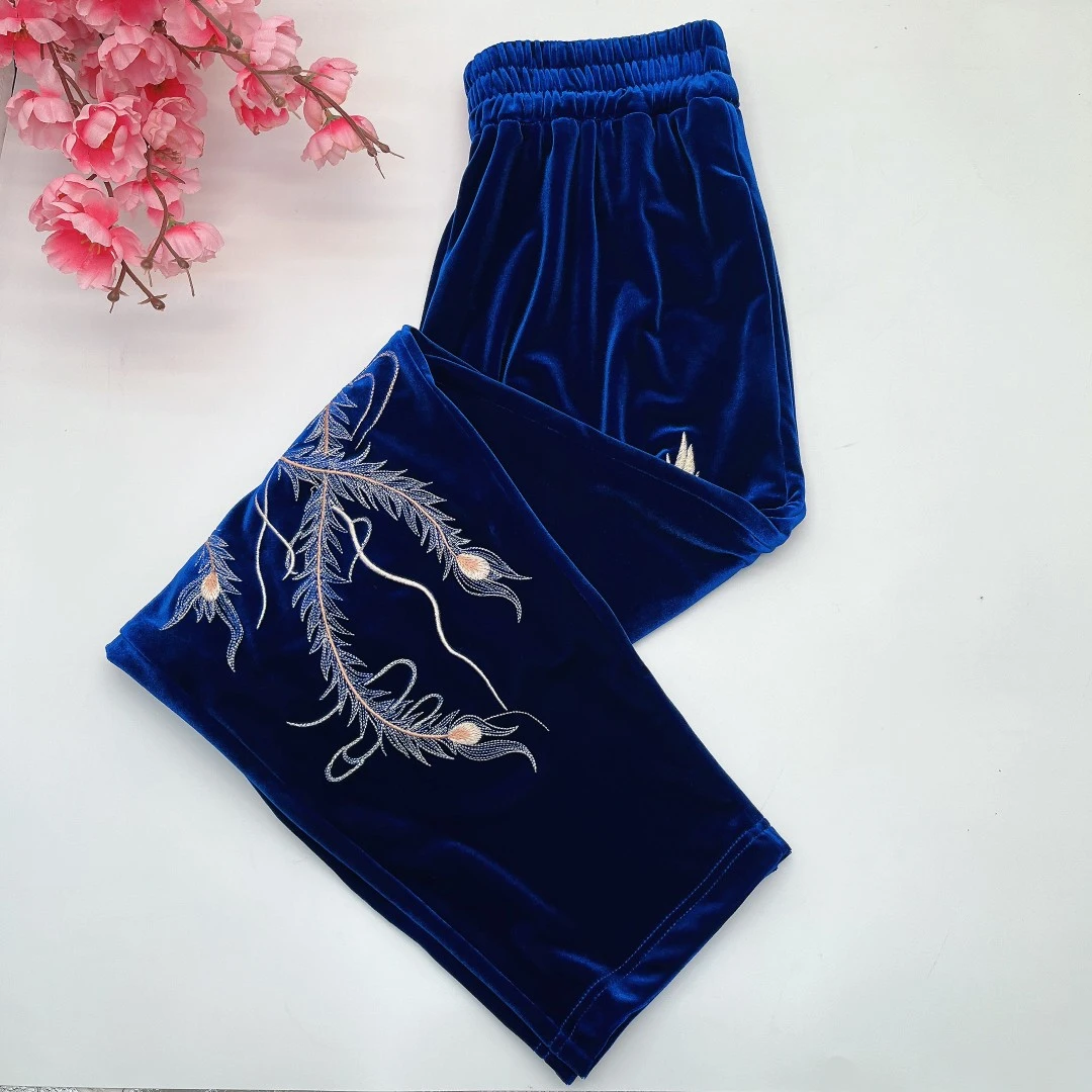【金凤凰裤子】中国风复古原创女士凤凰刺绣丝绒休闲裤A9112