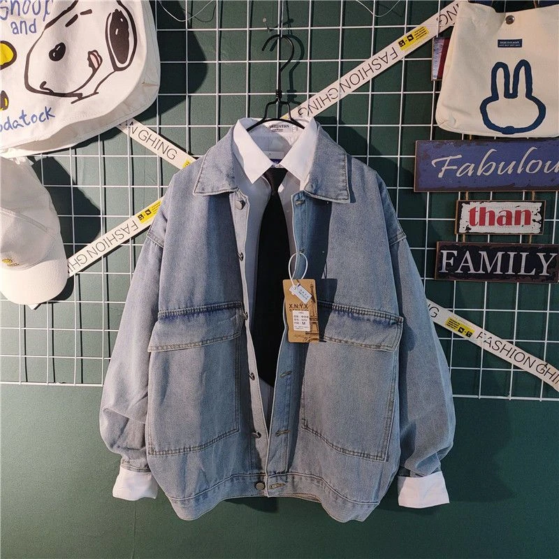 秋季港风炸街大口袋工装牛仔外套潮男学生韩版宽松夹克百搭牛仔衣