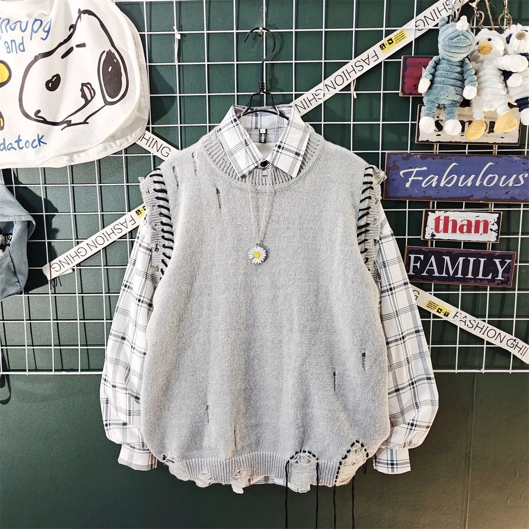 日系学院风织带毛衣男无袖坎肩背心ins宽松内搭情侣款针织衫线衣