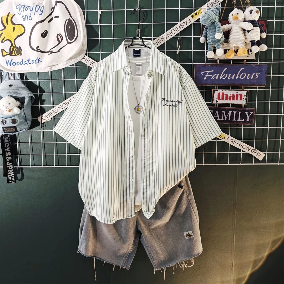 港风条纹短袖衬衫夏季休闲三件套装男新款ins情侣一套搭配痞帅气