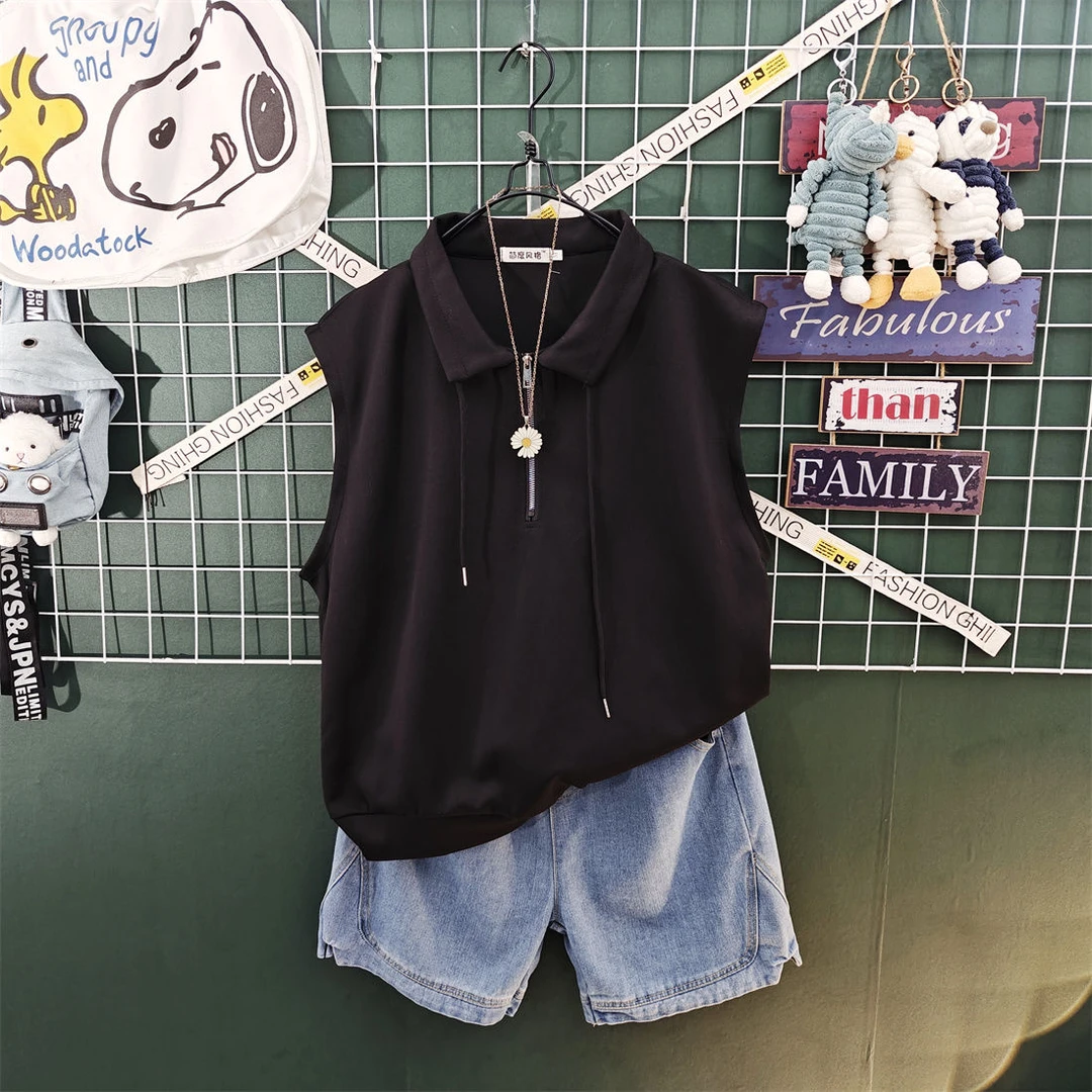 港风高街vibe风无袖卫衣休闲两件套装男潮流一套搭配帅气牛仔短裤