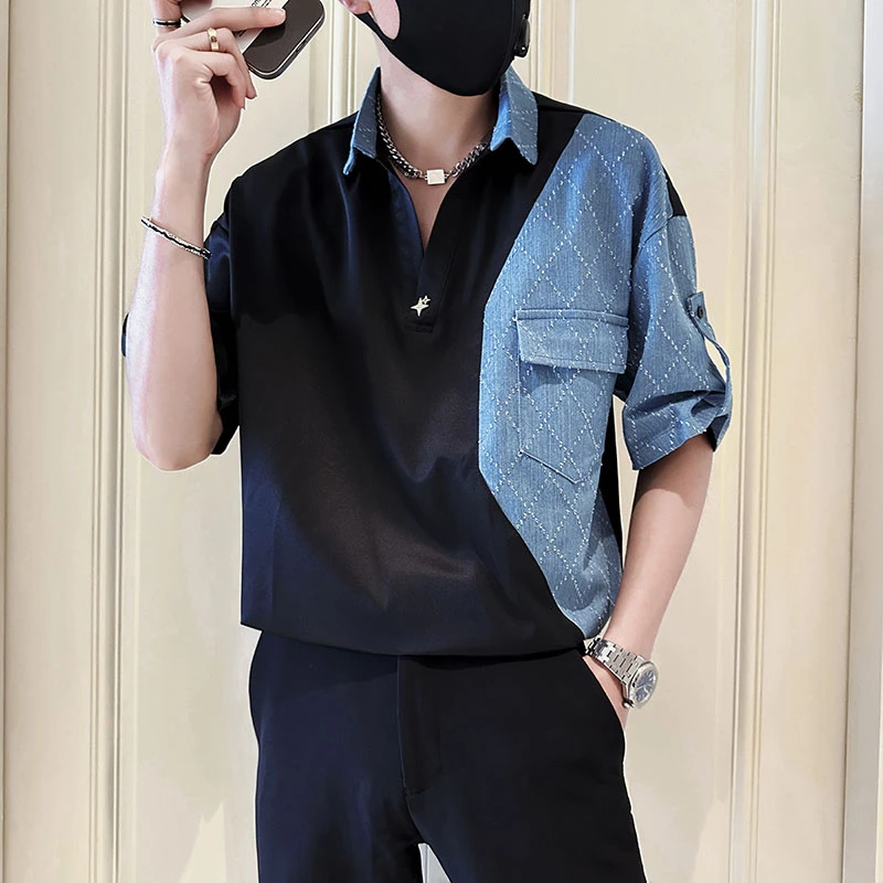 拼接牛仔短袖衬衫男夏季潮牌半截袖T恤痞帅POLO衫上衣ins撞色衬衣