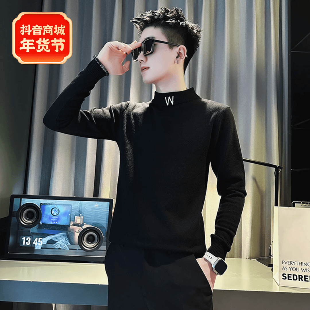 设计感男士针织打底衫秋冬款2023新款刺绣中领内搭加厚半高领毛衣