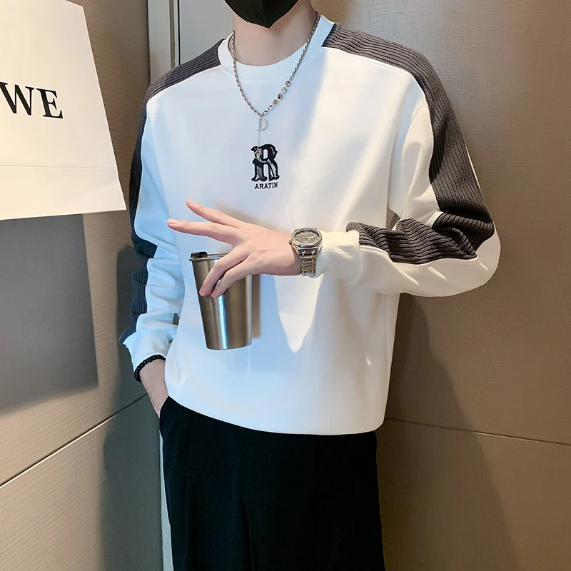 痞帅卫衣2023新款男潮ins圆领新春装上衣拼袖设计感高级衣服潮流