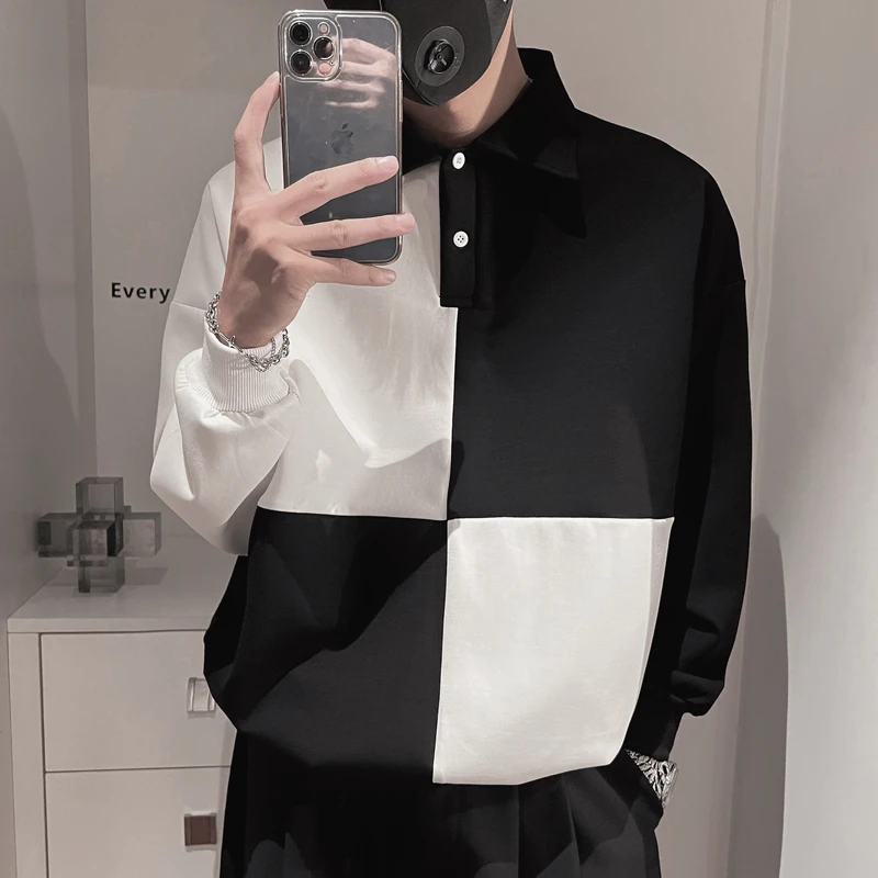 美式卫衣男士潮牌拼色休闲韩版潮流黑白撞色polo衫男正肩长袖t恤