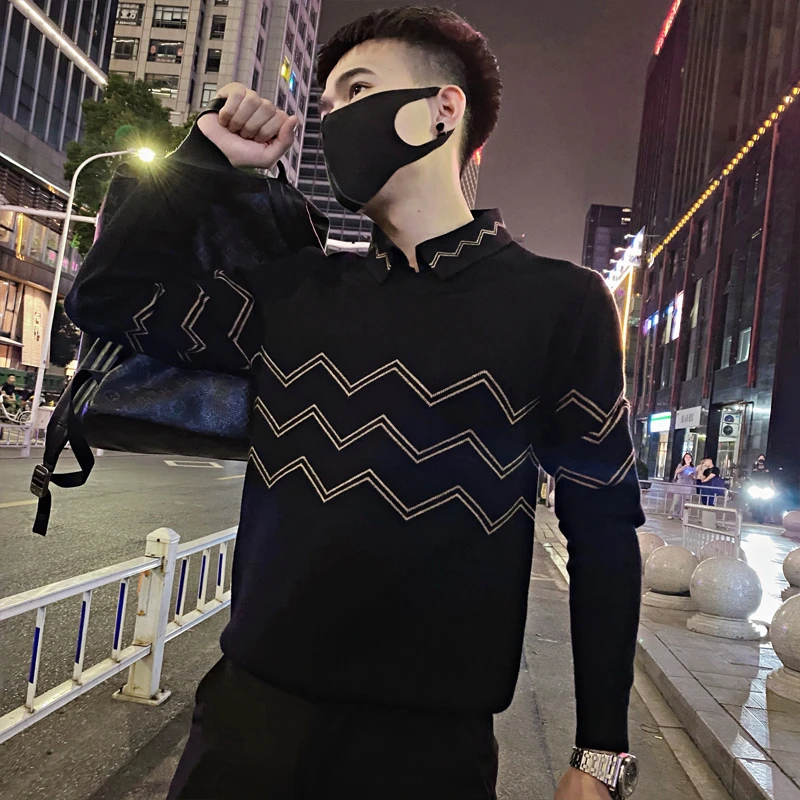 假两件衬衫领毛衣男士2023新款秋冬季加绒打底衫上衣男装针织衫潮
