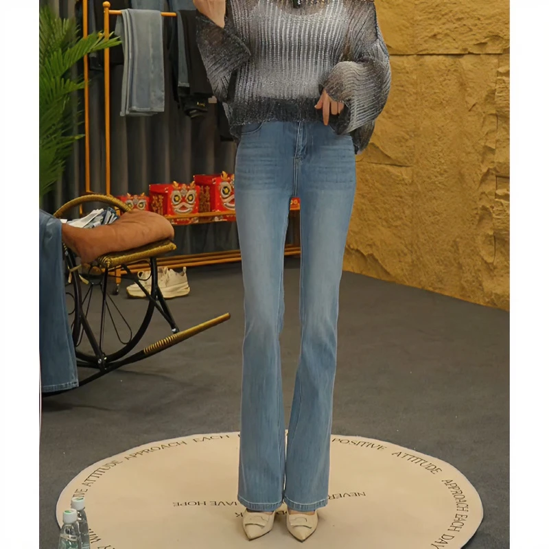 女春夏季新款高腰窄版微喇裤浅色长裤四面弹显瘦复古休闲修身显高