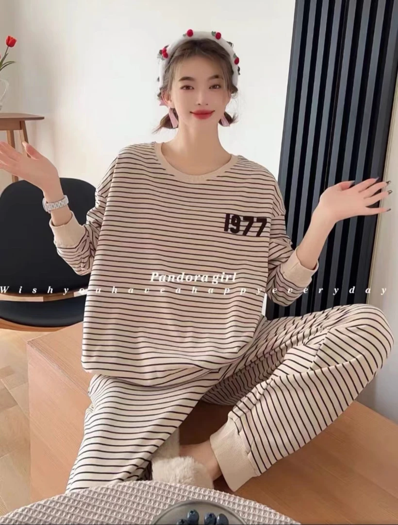 秋冬季睡衣女纯棉简约百搭韩版高级感可外穿家居服（慵懒感条纹）