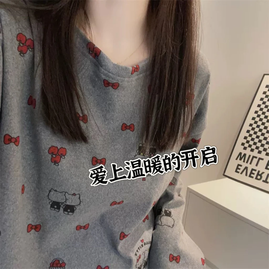 睡衣女冬季新款爆款德绒长袖长裤甜美卡通家居服套装（KT猫咪德绒）