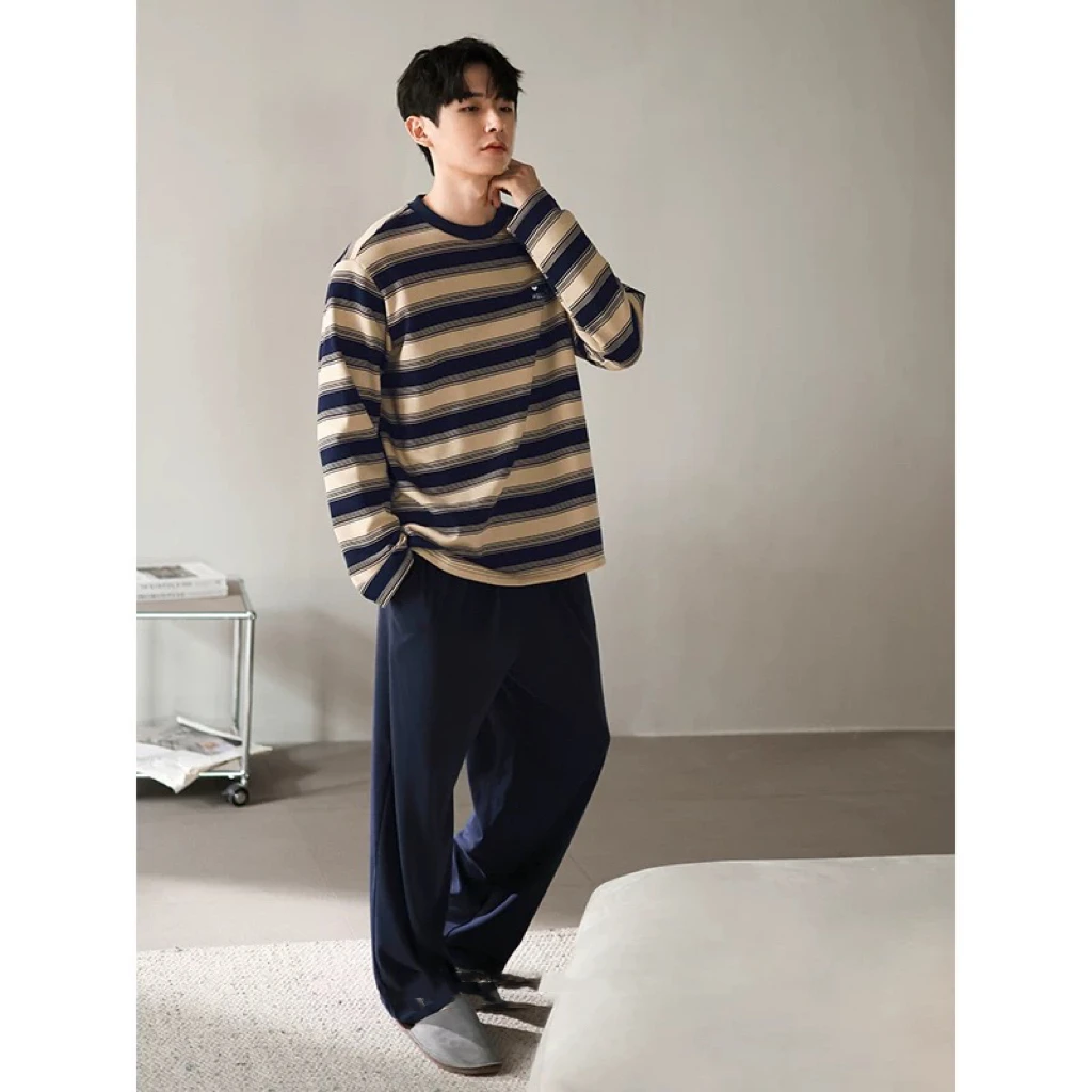 睡衣男秋冬新款纯棉条纹百搭时尚简约风圆领家居服套装（极简条纹）