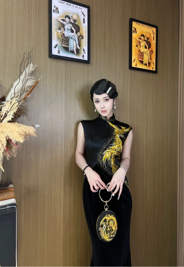 韵西子【欲火凤凰】复古新中式旗袍女修身丝绒中国风