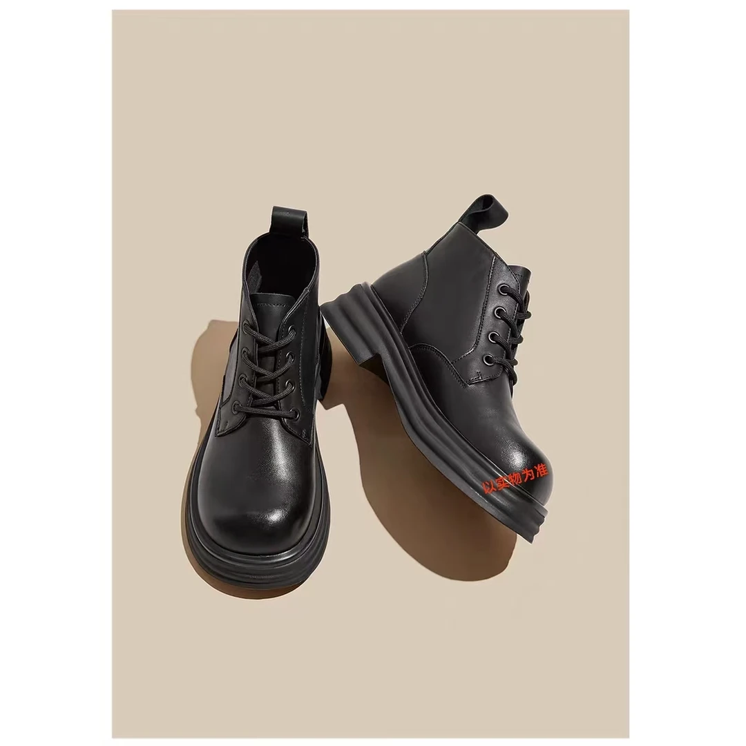 时尚百搭厚底靴子英伦风系带靴复古加绒ins秋冬冬季9011