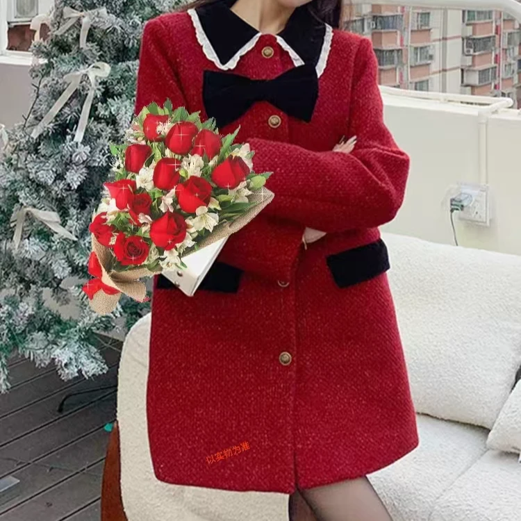 7115#秋冬新款小香风翻领蕾丝边中长款毛呢外套88169