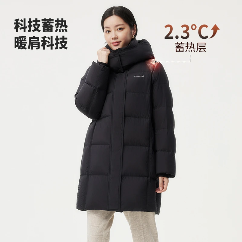 坦博尔2024新款中长款羽绒服女士时尚百搭加厚连帽外套TBF510716Z