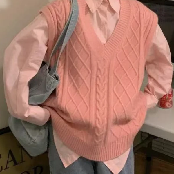 2024秋冬新款慵懒风高级感针织上衣宽松麻花加厚V领毛衣马甲30738