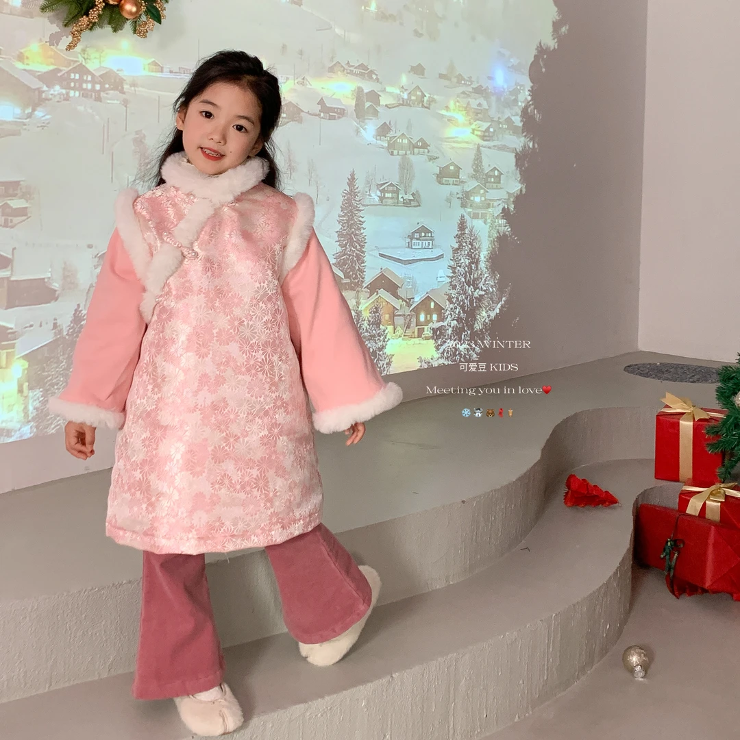 S3381-粉色提花加棉旗袍+S3219-加绒喇叭裤