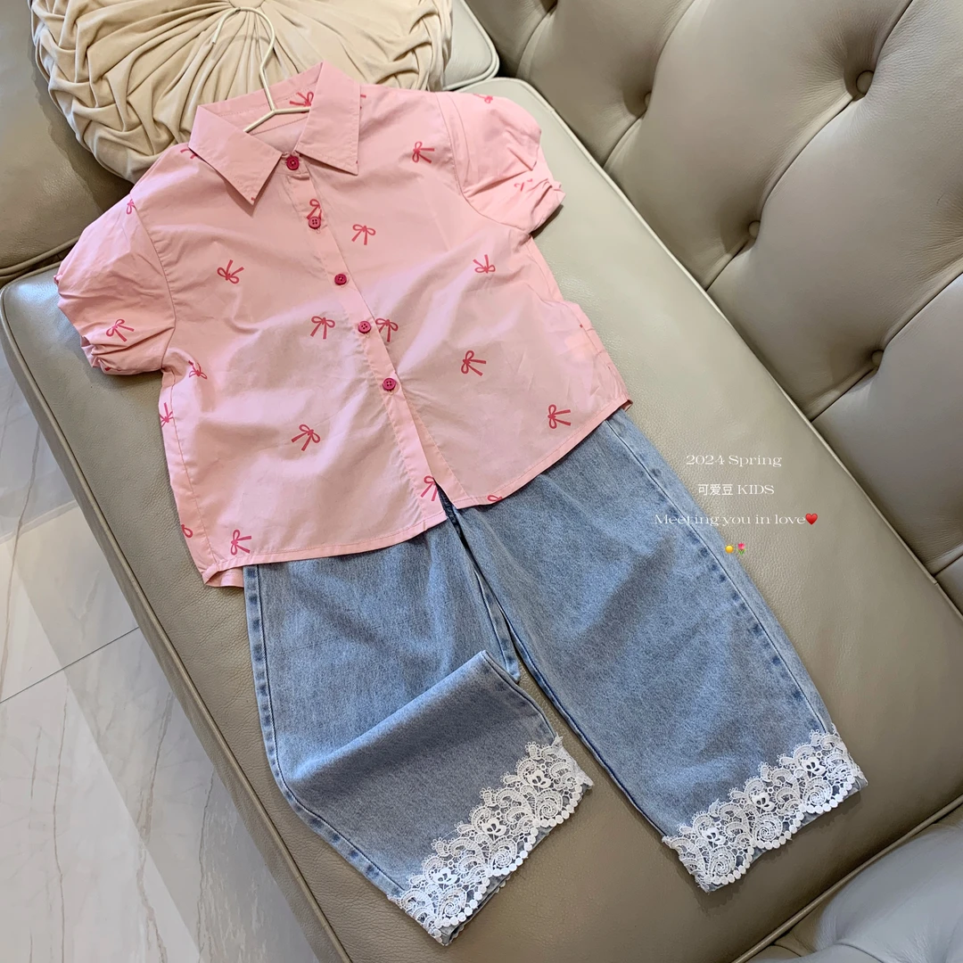 [现货]K1109-夏季 蝴蝶结衬衫+K1110-薄牛仔 花边裤