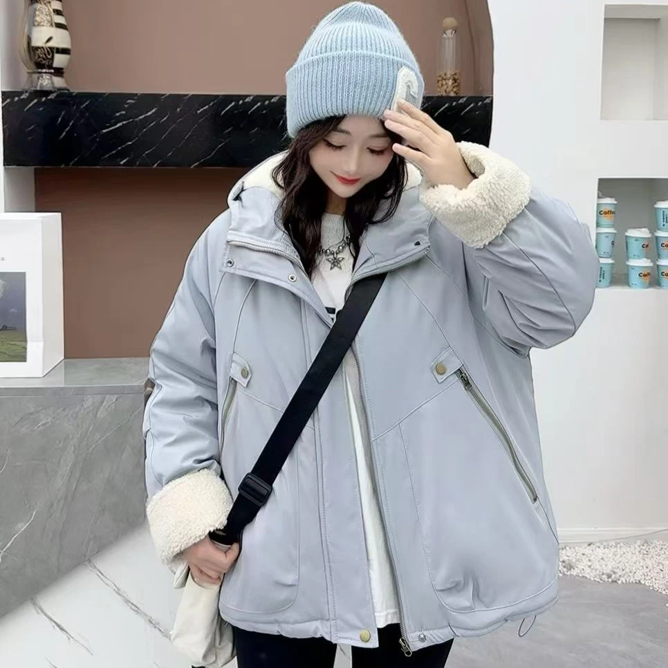 【加绒加厚】冬季显瘦显高休闲棉衣百搭连帽宽松保暖潮流棉服蓝色