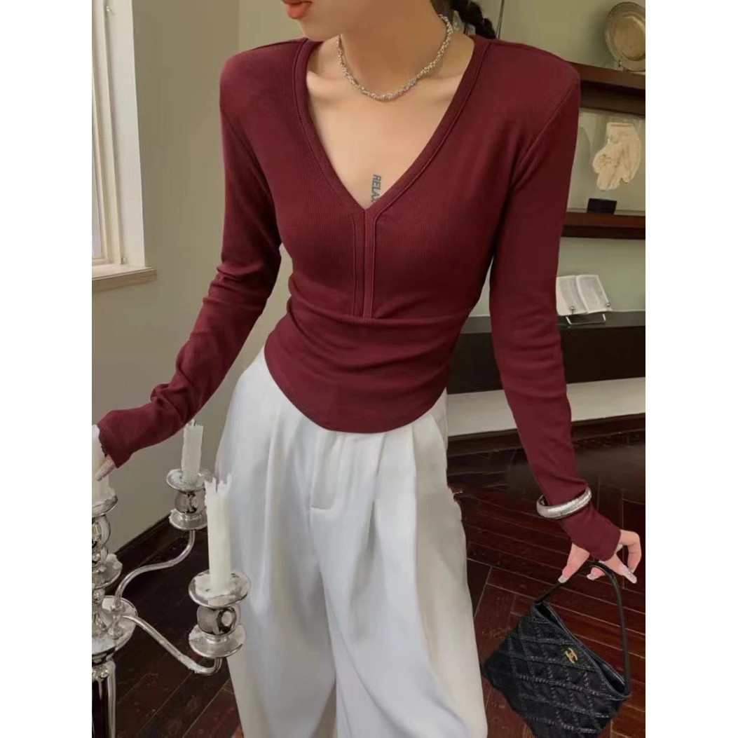 秋冬拉绒显瘦显高长袖女T恤气质百搭修身休闲打底衫v领设计感内搭