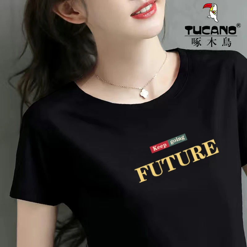 啄木鸟正品高端纯棉短袖圆领t恤女2024年最新款夏季爆款显瘦上衣