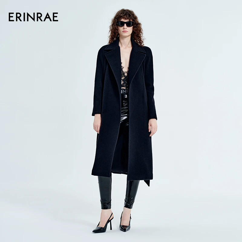 ERINRAE黑色经典驳领外套配腰带大衣EG464229WO20
