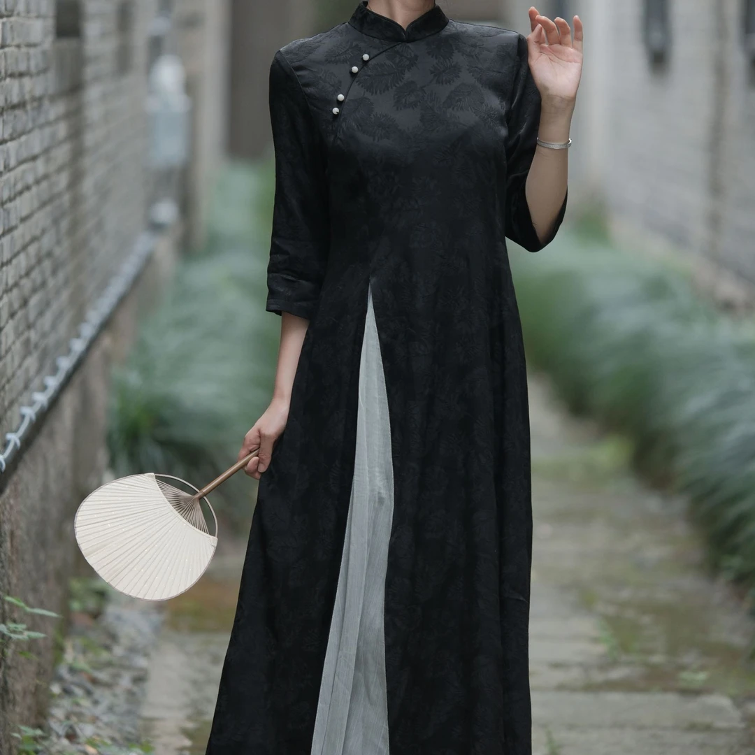 一树菩提[风华]新中式日常气质复古长款修身连衣裙立领提花旗袍裙