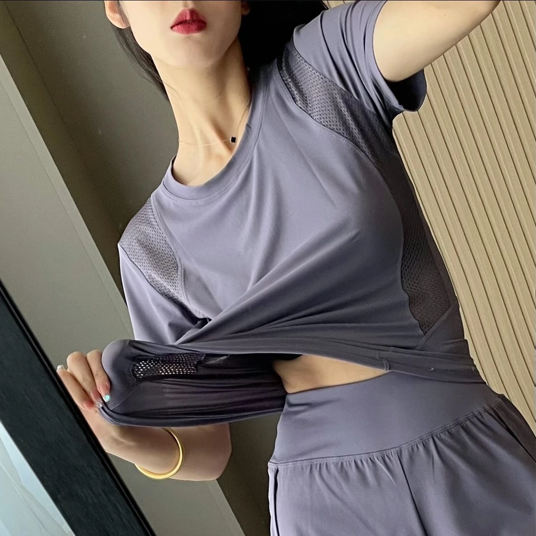 夏季瑜伽服健身套装女夏季薄款网纱跑步速干专业大码运动晨跑服