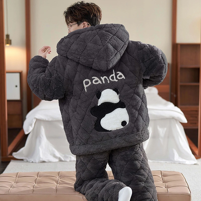 珊瑚绒睡衣男款秋冬季三层夹棉加厚加绒青少年冬天男士家居服套装