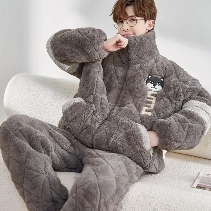 睡衣男士秋冬季珊瑚绒三层夹棉加厚加绒青少年学生法兰绒家居服