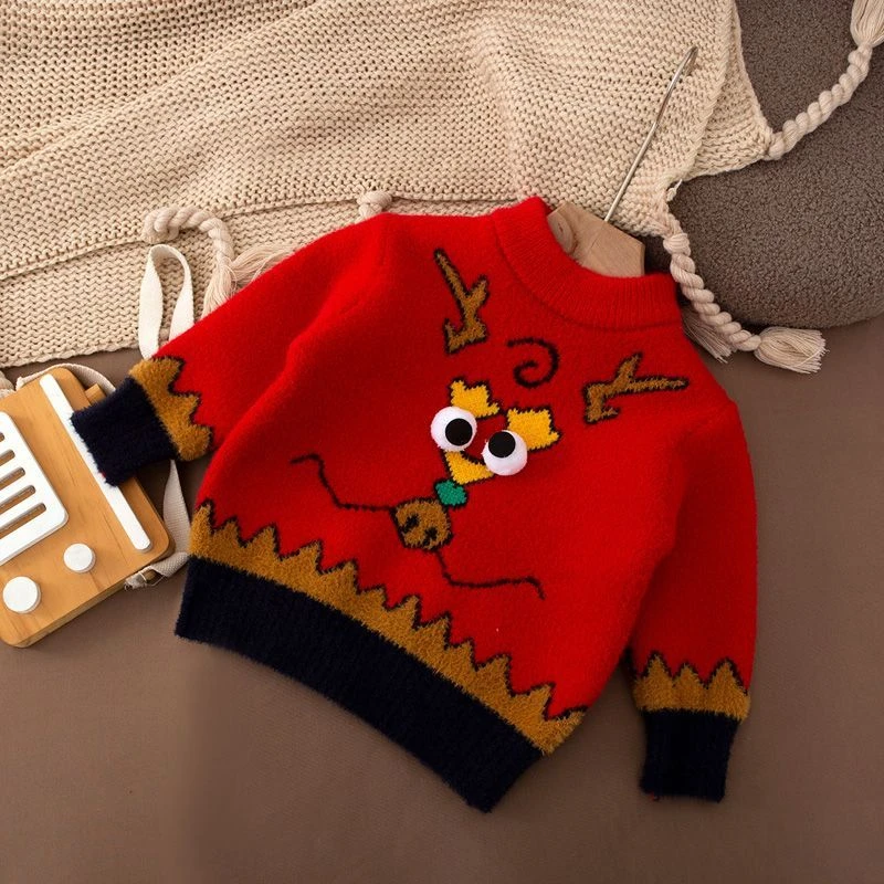 新款龙年红色新年拜年服儿童毛衣加绒加厚男女童不起球宝宝针织衫
